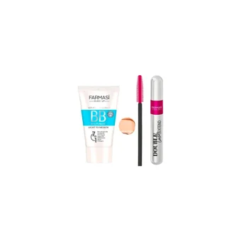Farmasi Double Lash Extend Tüm Ciltler İçin Suya Dayanıklı Su Bazlı Sivilce Yapmayan Işıltılı BB Krem Açık Ton + Double Lash Maskara