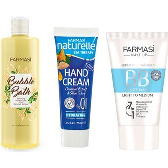 Farmasi 02 Tüm Ciltler İçin Suya Dayanıklı Su Bazlı Sivilce Yapmayan Işıltılı BB Krem Açık Ton + + Farmasi Hanımeli Bahçesi Banyo Köpüğü 500 ml + Farmasi Naturelle Sea Therapy Yosun & Aloe Vera Nemlendirici El Kremi 75 ml