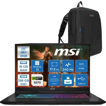 MSI Msı Katana 17 Hx B14WGK Intel Core I7-14650HX 16GB Ddr5 256GB SSD RTX5070/8GB 115W 17.3 Inç 2k Qhd 240Hz WIN11PRO Gaming Bilgisayar 046XTRP01+ZETTAÇANTA - 256 GB - 16 GB