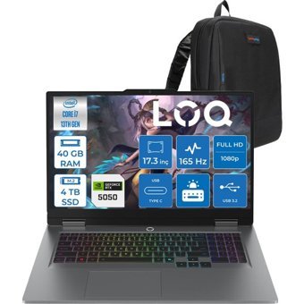 Lenovo Loq 17IRX10 Intel Core I7 13650HX 40GB Ddr5 4tb SSD RTX5050 8gb 115W Freedos 17.3 Inç Fhd (1920X1080) IPS 300NITS 165HZ 100% Srgb Taşınabilir Bilgisayar W83JH006CTRF22 + Zetta Çanta - 4 TB - 40 GB