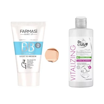 Farmasi Light To Medium Tüm Ciltler İçin Suya Dayanıklı Su Bazlı Sivilce Yapmayan Işıltılı BB Krem Açık Ton + Dr.C.Tuna Vitalizing Sarımsaklı Şampuan 225 ml