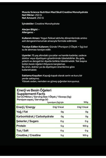 Muscle Science Nutrition Skull Creatine Aromasız Toz Kreatin 250 gr