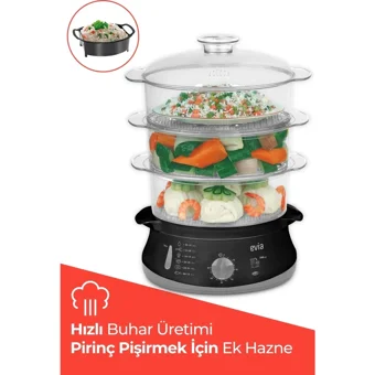 Evia Ea-4206 800 W Plastik 10 lt Hazneli Zamanlayıcılı Buharlı Pişirici Siyah
