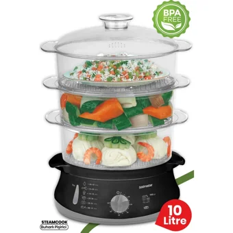 Goldmaster Steamcook 800 W Paslanmaz Çelik 10 lt Hazneli Zamanlayıcılı Buharlı Pişirici Siyah
