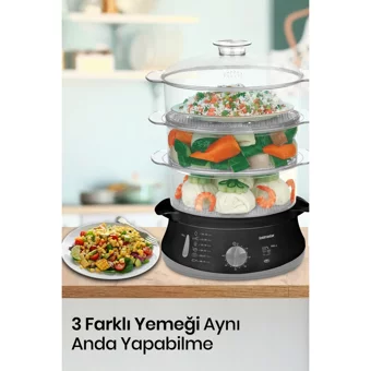Goldmaster Steamcook 800 W Paslanmaz Çelik 10 lt Hazneli Zamanlayıcılı Buharlı Pişirici Siyah
