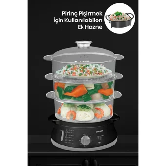 Goldmaster Steamcook 800 W Paslanmaz Çelik 10 lt Hazneli Zamanlayıcılı Buharlı Pişirici Siyah