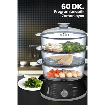 Goldmaster Steamcook 800 W Paslanmaz Çelik 10 lt Hazneli Zamanlayıcılı Buharlı Pişirici Siyah