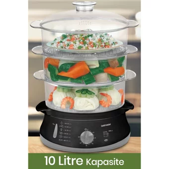 Goldmaster Steamcook 800 W Paslanmaz Çelik 10 lt Hazneli Zamanlayıcılı Buharlı Pişirici Siyah