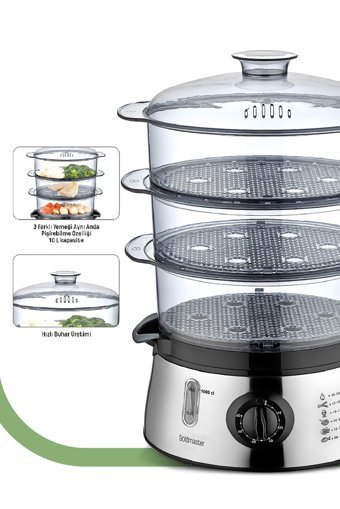 Goldmaster BioFit 800 W Paslanmaz Çelik 8.4 lt Hazneli Zamanlayıcılı Buharlı Pişirici Gri