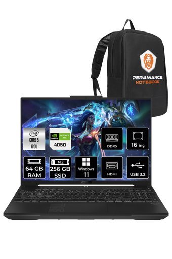 ASUS TUF Gaming F16 Core 5 210H 64GB 256GB SSD RTX4050/6GB 140W WUXGA 16" W11P LP029 & PER4 ÇANTA