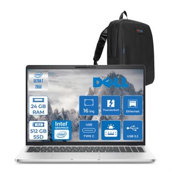 Dell Pro 16 Plus Ultra Core 7 265U 24GB Ddr5 512GB SSD Intel Graphics 16" Fhd+ 300NIT Windows 11 Home Taşınabilir Bilgisayar U7265U165UH05 + Zettaçanta