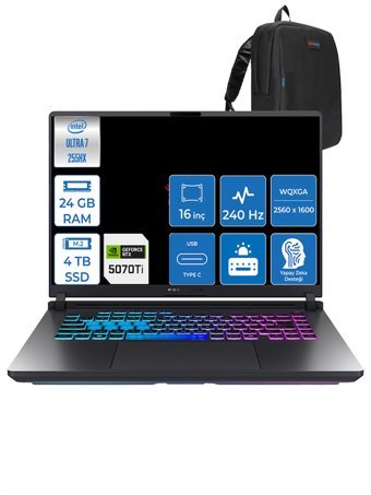 Asus Rog Strix G16 Intel Core Ultra 7 255HX 24GB Ddr5 4tb SSD 12GB/RTX5070TI/140W WIN11PRO 16" 2.5k 240Hz Wqxga Yapay Zeka Destekli Taşınabilir Bilgisayar G615LRP08 + Zettaçanta