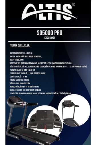 Altis SD5000 Pro 12 Programlı 180 Kg Kapasiteli Motorlu Katlanabilir Koşu Bandı Siyah