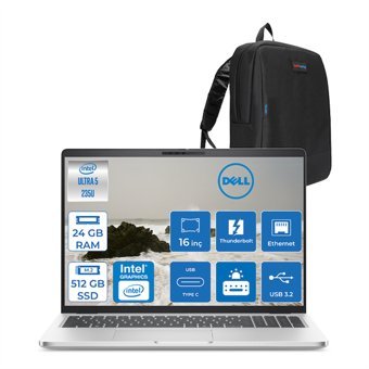 Dell Pro 16 Plus Ultra Core 5 235U 24GB Ddr5 512GB SSD Intel Graphics 16" Fhd+ 300NIT Windows 11 Home Taşınabilir Bilgisayar U5235U165UH05 + Zettaçanta