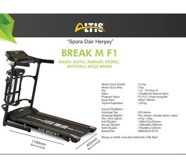 Altis Break M F1 12 Programlı 120 Kg Kapasiteli Motorlu Katlanabilir Koşu Bandı Gri Siyah