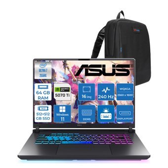 Asus Rog Strix G16 G615LR Intel Ultra 7 255HX Aı 64GB GB 512GB SSD+512GB SSD 12GB/RTX5070Tİ Gddr7 140W 16" 2.5k 2560 x 1600 Wqxga 240Hz 3ms 500NITS WIN11HOME Gaming Laptop ZS5212H26+ZETTAÇANTA