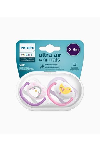 Philips Avent Ultra Air Animals SCF080/06 0-6 Ay Delikli Ortodontik Yenidoğan Damaklı Silikon 2'li Emzik Beyaz Lila