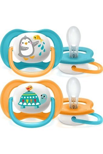 Philips Avent Ultra Air Animals SCF080/07 6-18 Ay Delikli Ortodontik Damaklı Silikon 2'li Emzik Mavi Turuncu