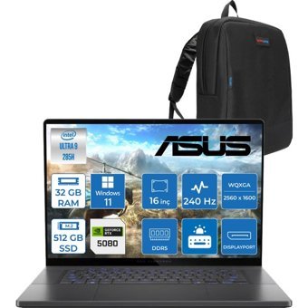 Asus Rog Zephyrus G16 GU605CW Intel Core Ultra 9 285H AI 32 GB 512 GB SSD RTX5080-16 GB 120W WIN11PRO 16" OLED 2.5k 240Hz 0.2Ms 550 Nits WQXGA (2560x1600) Taşınabilir Bilgisayar WQR160112+ZETTAÇANTA