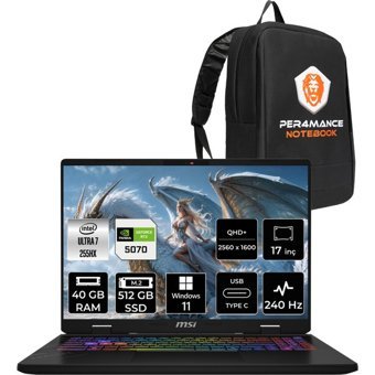 MSI Crosshair 17 Hx Aı Intel Core Ultra 7 255HX 40GB 512GB SSD RTX5070/8GB 115W 17" Qhd+ 240Hz W11P Taşınabilir Bilgisayar & Per4 Çanta D2XWGKG018XTRP402