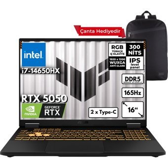 Asus Tuf Gaming F16 I7-14650HX 64-Gbddr5 1 Tbssd RTX5050 (8GB-GDDR7-115W) 16" Wuxga 165Hz Windows 11 Pro Taşınabilir Bilgisayar + Sırt Çantası FX608JHR-RV048HMF15 - 64 GB