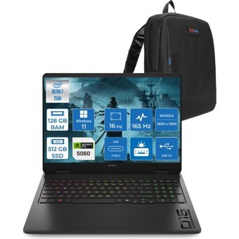 Hp Omen 16-AM0018NT Intel Core Ultra 7 255H 128GB Ddr5 512GB SSD RTX5060 8gb Gddr7 16 Inç Wuxga (1920X1200) 165Hz 400NITS 3ms IPS Windows 11 Home Taşınabilir Bilgisayar BQ1Z1EAH49 + Zetta Çanta - 512 GB - 128 GB