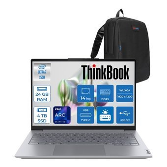 Lenovo Thinkbook 14 G8 Ial Intel Core Ultra 7 255H 24GB Ddr5 4tb SSD Intel Arc 140T 14" Wuxga IPS 300NITS Windows 11 Home Taşınabilir Bilgisayar 21SJ007BTXH08 + Zettaçanta - 4 TB - 24 GB