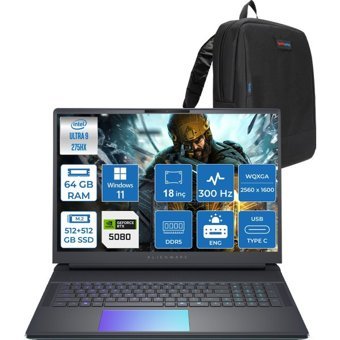 Dell Alienware 18 Area-51 AA18250 Ultra 9 275HX Ddr5 64GB 512GB SSD+512GB SSD 16GB/RTX5080 175W 18INÇ Wqxga 300Hz 500NITS WINDOWS11HOME Gaming Laptop AA1825080H26+ZETTAÇANTA - 64 GB