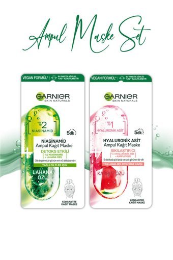 Garnier Ampul Hyaluronik Karpuz Özü ve Niacinamide Lahana Özü Kağıt Yüz Maskesi 15 gr+15 gr