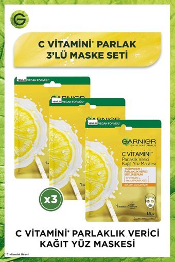 Garnier C Vitamini Parlaklık Verici Nemlendiricili Kağıt Yüz Maskesi 3 Adet