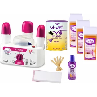 Vivol Satürn 3+1 Ağda Makinesi + Vivet Naturel Konserve Ağda 800 ml + 3xVivet Kartuş Ağda 100 ml + Vivet Ağda Yağı 125 ml + 10 Metre Ağda Bezi + 5xSpatula