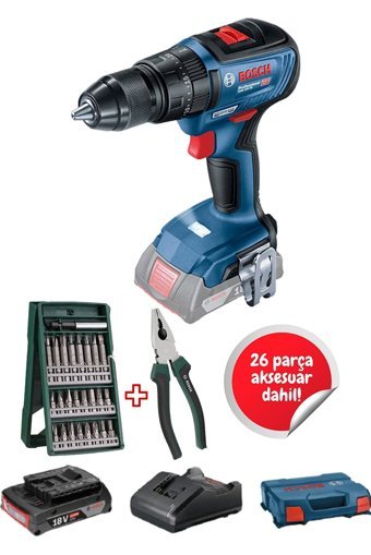 Bosch GSB 18 V 2 Ah Kömürsüz Darbeli Akülü Vidalama Makinesi + 26 Parça Aksesuar Seti