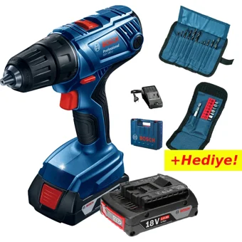 Bosch GSR 180-Li 18 V 2 Ah Kömürsüz Darbeli Çift Akülü Vidalama Makinesi + + 23 Parça Vidalama Ucu