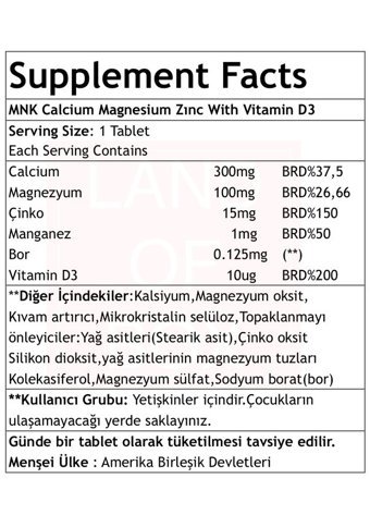 Mnk Calsıum Magnesıum Zınc Yetişkin 120 Adet