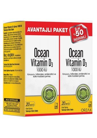 Ocean Vitamin D3 1000 Iu Avantajlı Paket Yetişkin Mineral 2x20 ml