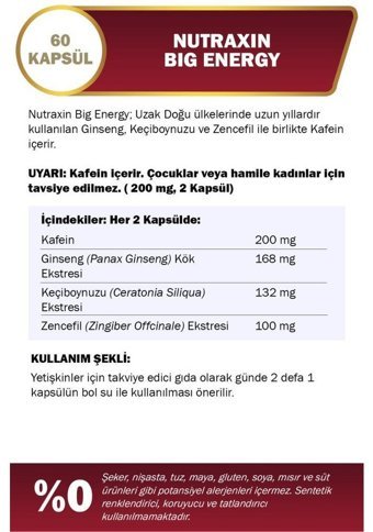 Nutraxin Big Energy Ginseng Keçiboynuzu Zencefil Yetişkin Mineral 60 Adet