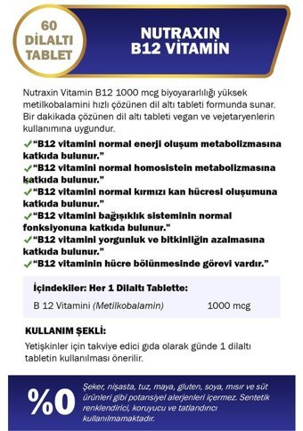 Nutraxin Vitals B12 Vitamin Bitkisel Yetişkin 60 Adet