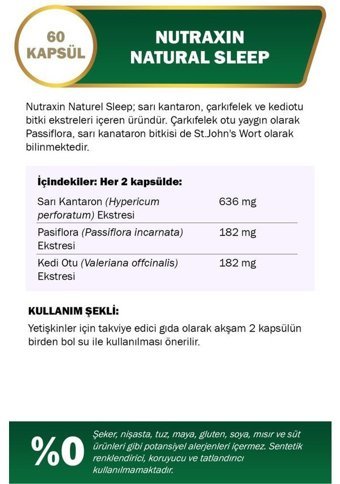 Nutraxin Natural Sleep Sarı Kantaron Çarkıfelek Kediotu Bitkisi Yetişkin Mineral 60 Adet