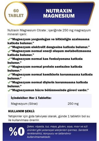 Nutraxin Magnesium Yetişkin Mineral 60 Adet