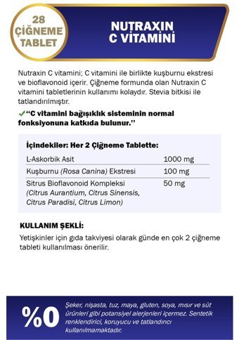 Nutraxin Vitamin C Nutraxin Vitals C Vitamini 28 Çiğneme Tableti 2 Adet Yetişkin 28 Adet