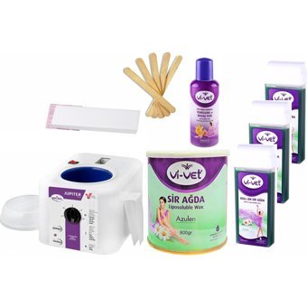 Depiroll Jüpiter 1+1 Ağda Makinesi + Vivet Konserve Ağda Azulen 800 ml + 3xVivet Azulen Kartuş Ağda 100 ml + Vivet Ağda Temzileme Yağı 125 ml + 10 Metre Ağda Bezi + 5xSpatula