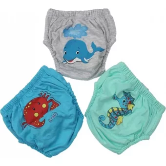 Babixkids 9 kg 3'lü Sızdırmayan Yıkanabilir Balina-Deniz Atı-Yengeç Desenli Alıştırma Külodu