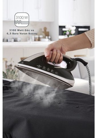Homend Steamwork 1161H 3100 W 6.5 bar İyonik Tabanlı Şok Buharlı Kazanlı Ütü Siyah