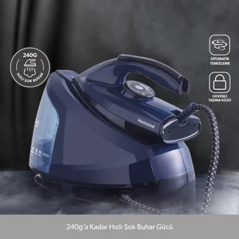 Homend Steamwork 1169H 2400 W 5 bar Yapışmaz Tabanlı Şok Buharlı Kazanlı Ütü Mavi