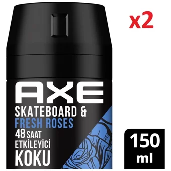 Axe Skateboard & Fresh Roses Pudrasız Ter Önleyici Sprey Erkek 2x150 ml