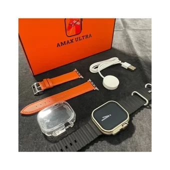Amax Ultra Watch 8 Ultra Universal Uyumlu 49 mm Deri Kordon Kare Erkek Akıllı Saat Turuncu