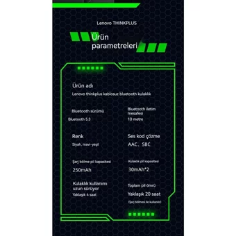 Lenovo XT81 TWS Tek Mikrofonlu Bluetooth 5.1 Işıklı Silikonsuz Gürültü Önleyici Oyuncu Kablosuz Kulak İçi Bluetooth Kulaklık Mavi