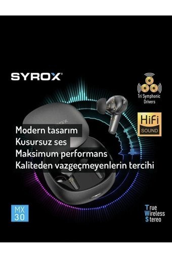 Syrox Mx30 TWS Android iOS Uyumlu Tek Mikrofonlu Bluetooth 5.3 Silikonsuz Gürültü Önleyici Kablosuz Kulak İçi Bluetooth Kulaklık Siyah