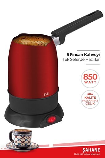 Evia Şahane 850 W 5 Fincan Kapasiteli Çelik Elektrikli Cezve Kırmızı