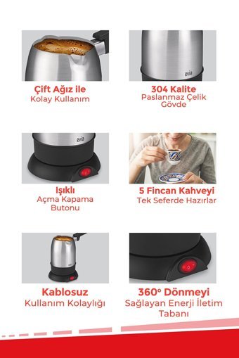 Evia Şahane 850 W 5 Fincan Kapasiteli Çelik Elektrikli Cezve İnox